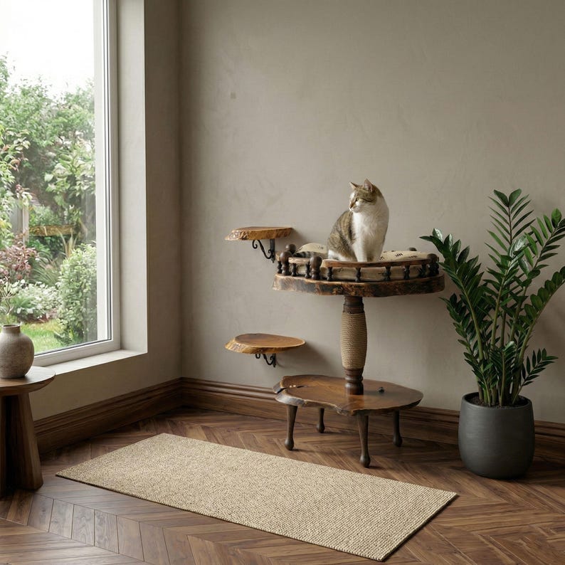 Op de afbeelding: Een kattenboom met meerdere niveaus, voorzien van een centrale houten standaard met een met touw omwikkelde paal, een bovenste rond platform met een gevoerde rand, twee kleinere zijplanken van hout en een onderste basisplatform van hout.