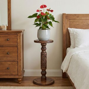 Sturdy wooden floor pedestal holding a large flower pot. Dark brown classic column made of solid oak or ash, designed as a stable display stand for ferns, bonsai, or indoor garden decor.