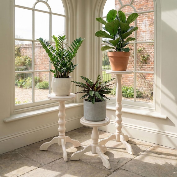 Tall Wood Plant Stand Indoor; Large Ivory Pedestal Planter Stand; 28"  Turned Leg Fern Holder; Carved Flower Pot Base; Farmhouse Home Decor - Etsy