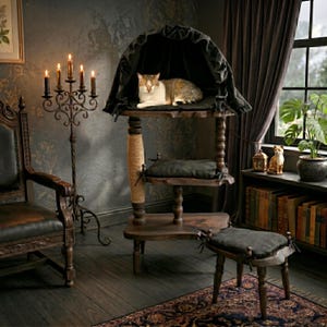 Set di mobili per gatti in legno massello: 2 cucce, lettino indipendente, tiragraffi in sisal, baldacchino in lino rimovibile, cuscini lavabili; torre gotica premium