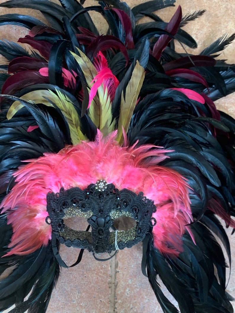 Black pink feathers mask feather headdress masquerade party costume New Orleans Mardi Gras artist made handmade