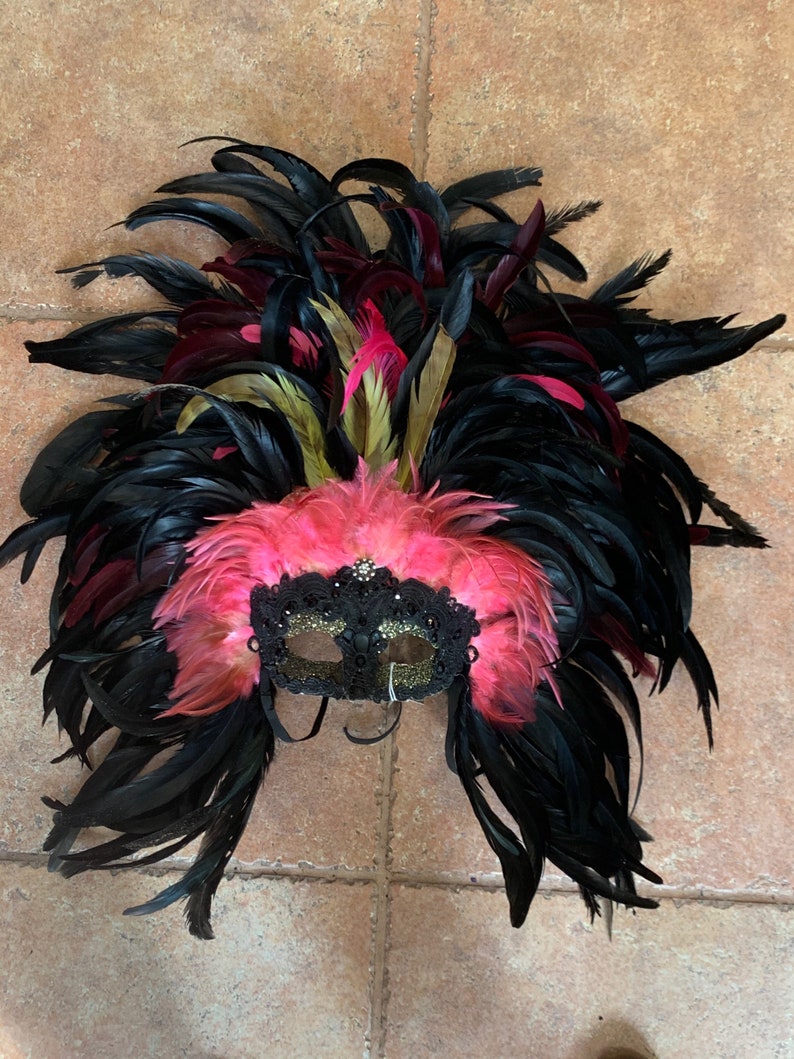 Black pink feathers mask feather headdress masquerade party costume New Orleans Mardi Gras artist made handmade