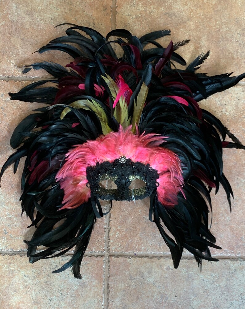 Black pink feathers mask feather headdress masquerade party costume New Orleans Mardi Gras artist made handmade