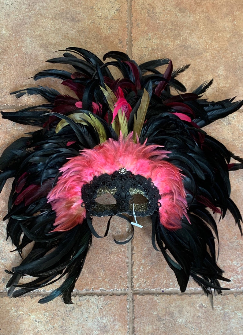 Black pink feathers mask feather headdress masquerade party costume New Orleans Mardi Gras artist made handmade