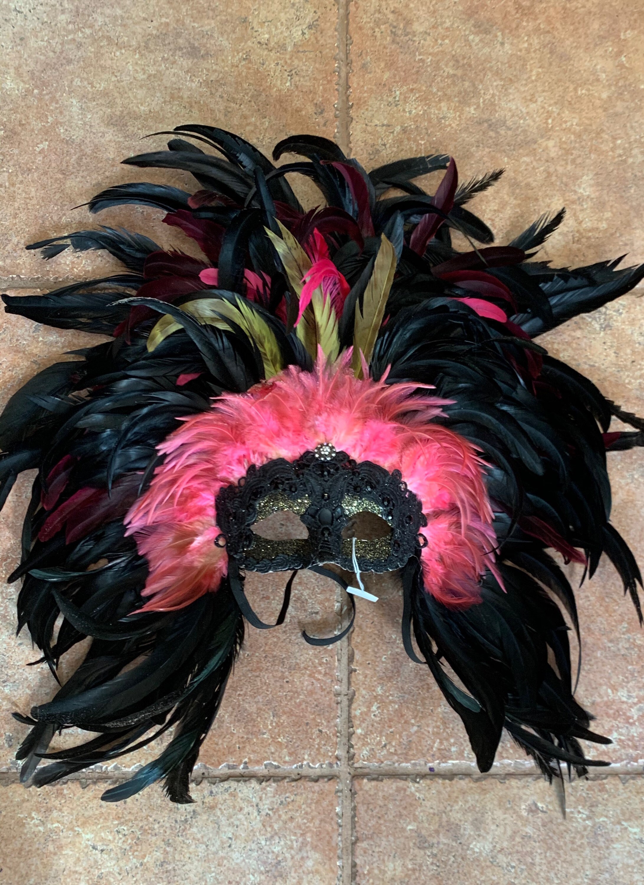 Black pink feathers mask feather headdress masquerade party Etsy