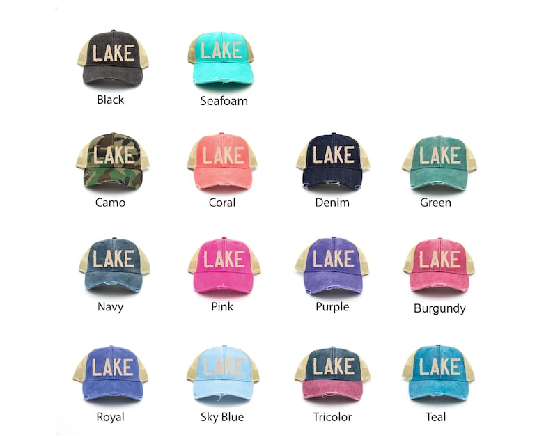 May include: A set of 12 trucker hats with a distressed look and a mesh back. The hats are in various colours, including black, seafoam, camo, coral, denim, green, navy, pink, purple, burgundy, royal, sky blue, tricolour, and teal. Each hat features the word "LAKE" embroidered in gold on the front.