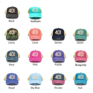 May include: A collection of trucker hats in various colors, each featuring the number "401" in a contrasting color. Colors include black, seafoam, camo, coral, denim, green, navy, pink, purple, burgundy, royal, sky blue, tricolor, and teal.