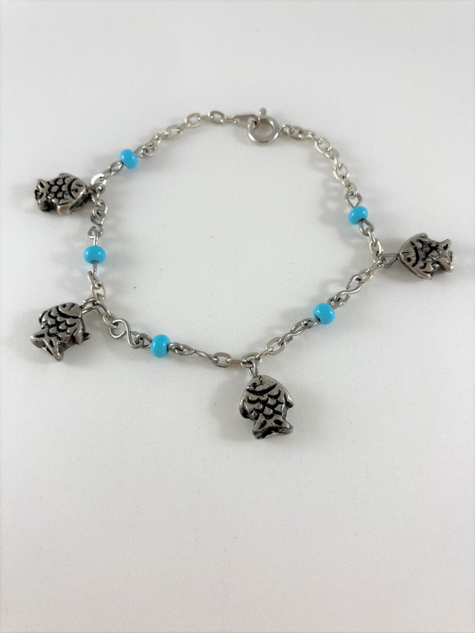 Minimalist Bracelet, Fisherman Bracelet, Blue Beads and Fish Charm Bracelet, Ocean Lover