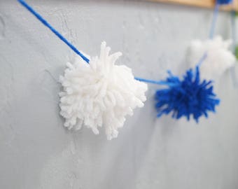 FREE SHIPPING Blue & White Yarn Pom Pom Garland