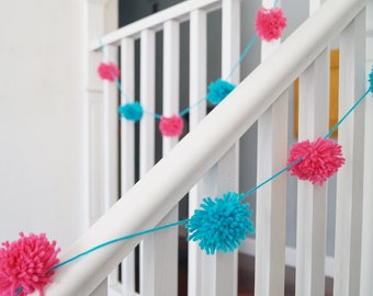 FREE SHIPPING Pink & Turquoise Blue Yarn Pom Pom Garland