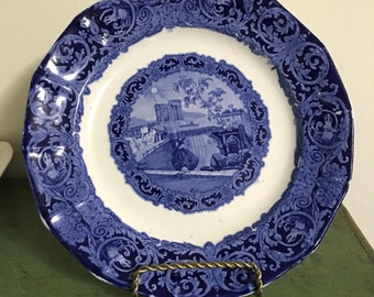 Historical Flow Blue Ironstone Staffordshire Dinner Plate James Edwards PA Importers Mark Mid-1800s Saxony
