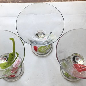 3 Martini Glasses Painted Dance Party Drink Clear Tall Stem Margarita Celebration Housewarming Vintage