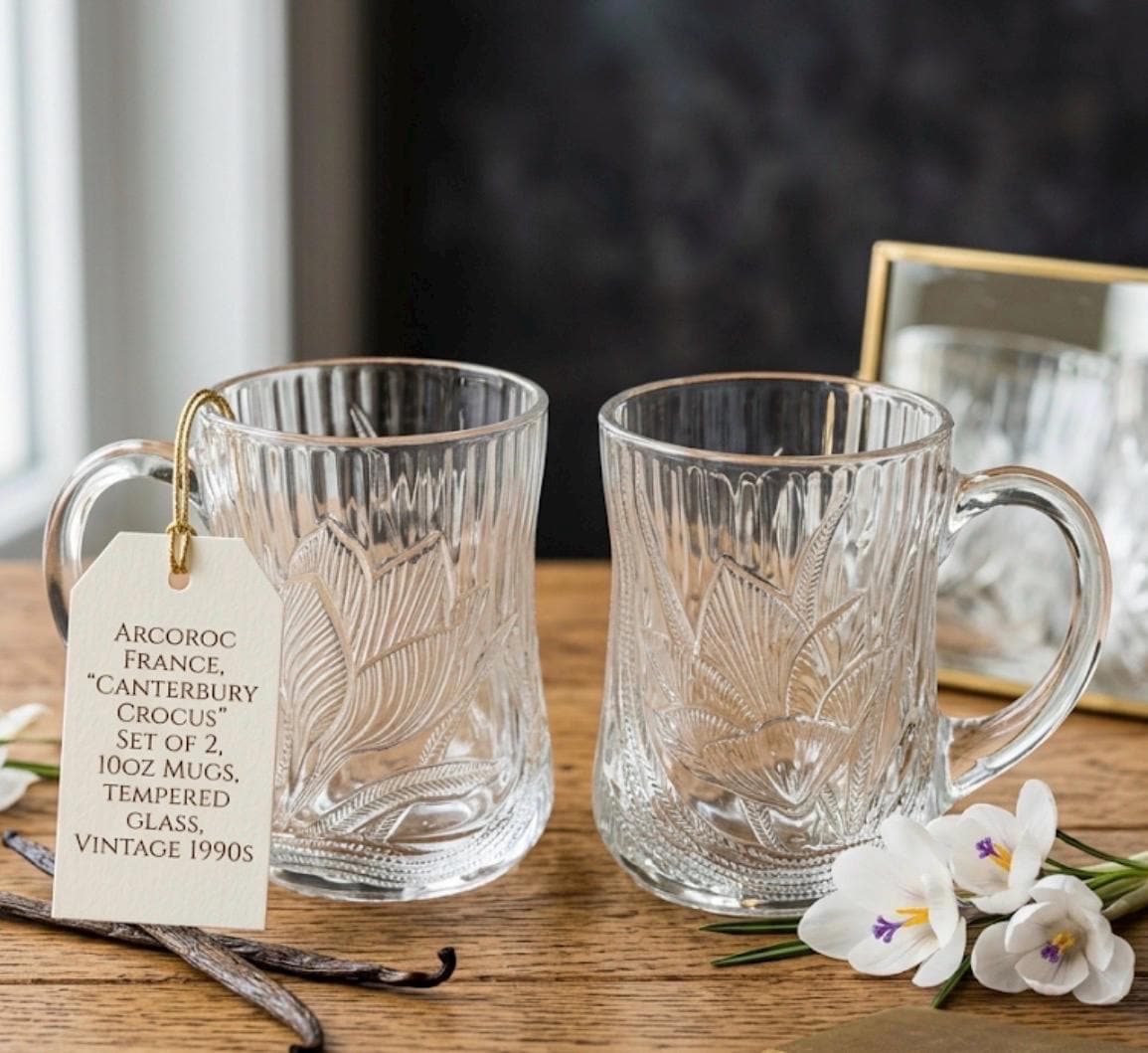 Vintage Arcoroc Canterbury Crocus Glass Mugs, Set of 2 Embossed