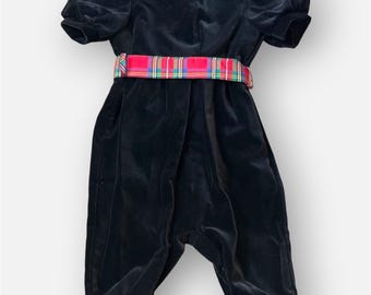 Vintage Laura Ashley Velvet Jumpsuit 18M - Made in UK Black Velvet Plaid Sash Romper, Lace Collar Holiday Christmas Photo Outfit 80s 90s