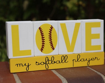 LOVE my softball player Wood Blocks, Softball Wood Blocks, Wood Blocks, Painted Wood Blocks,