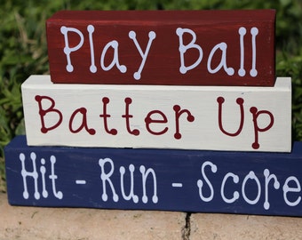 Baseball Wood Blocks, Play Ball-Batter Up- Hit, Run, Score, Baseball Home Decor, Baseball Decor