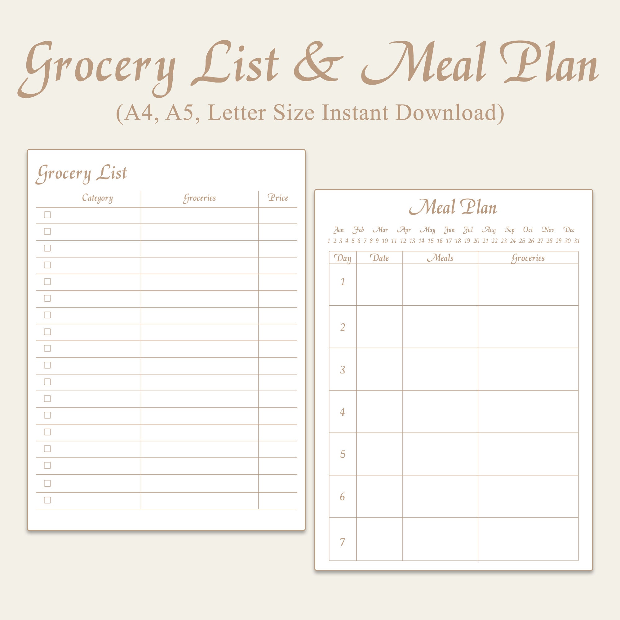 Basic Meal Plan and Grocery List Printable Minimalist Shopping List PDF ...