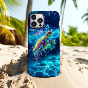 May include: A phone case featuring a vibrant illustration of a sea turtle swimming underwater. The design showcases the turtle with colorful details against a deep blue ocean background, with bubbles and light reflections.