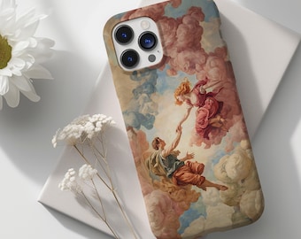 May include: A phone case featuring a classical painting of two figures in the clouds, with a color palette of pink, blue, and beige. The case has a glossy finish and a camera cutout.