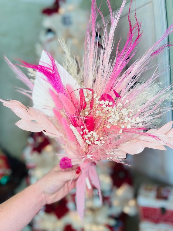 Valentines Day Pink Dried Flower Bouquet | Galentines Day | Bridesmaid Gifts | Pampas Grass Arrangements | Boho Home Decor | Wedding Favor