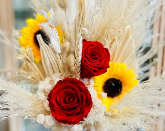Sunflower and Red Rose Dry Flower Bouquet | Fall Bridesmaid Bouquet | Boho Bridal Bouquet | Dried Flower Arrangement | Pampas Dried Bouquet