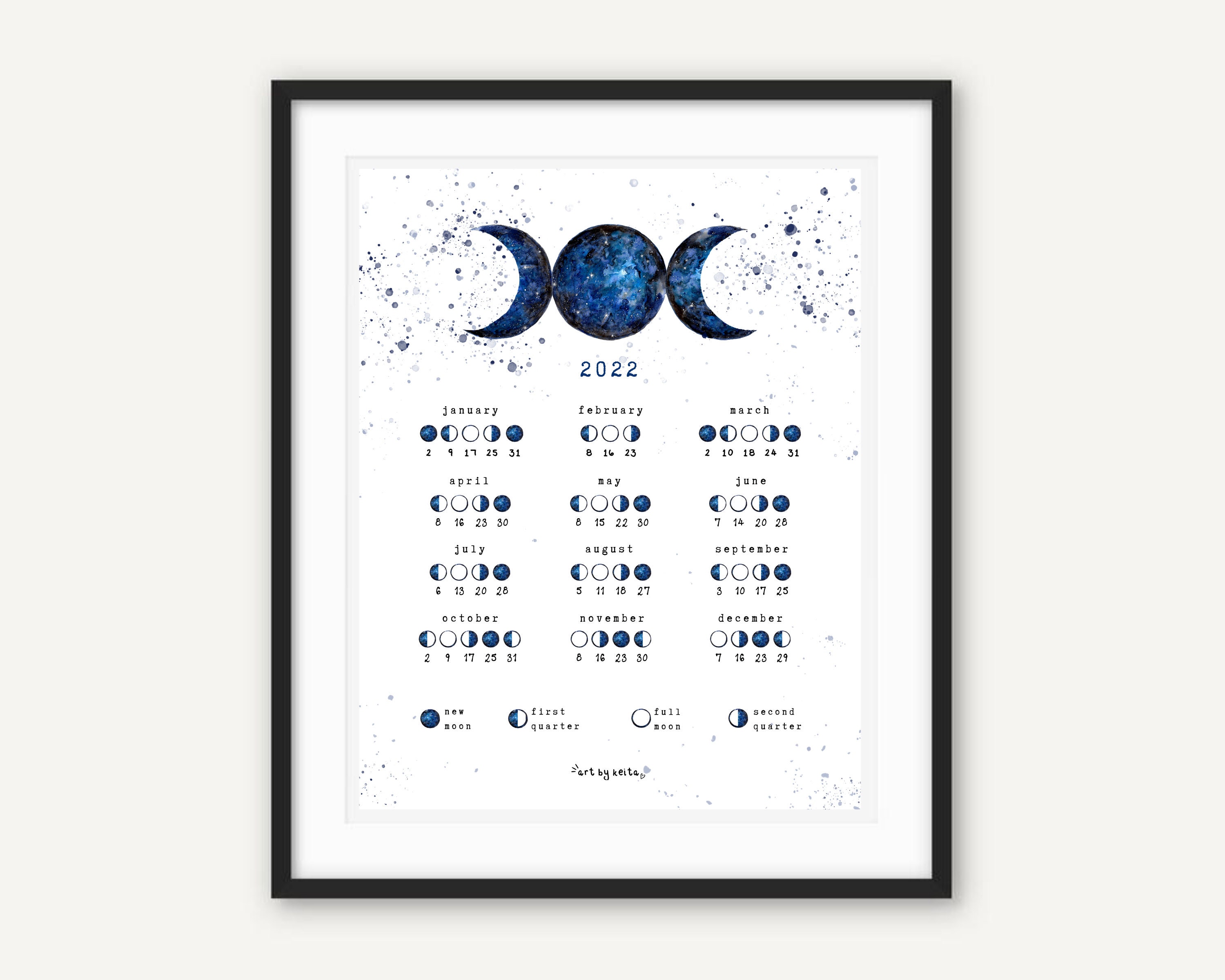 Moon Phase On Christmas 2022 Moon Phase Calendar 2022 Blue Art Lunar Calendar Moon | Etsy