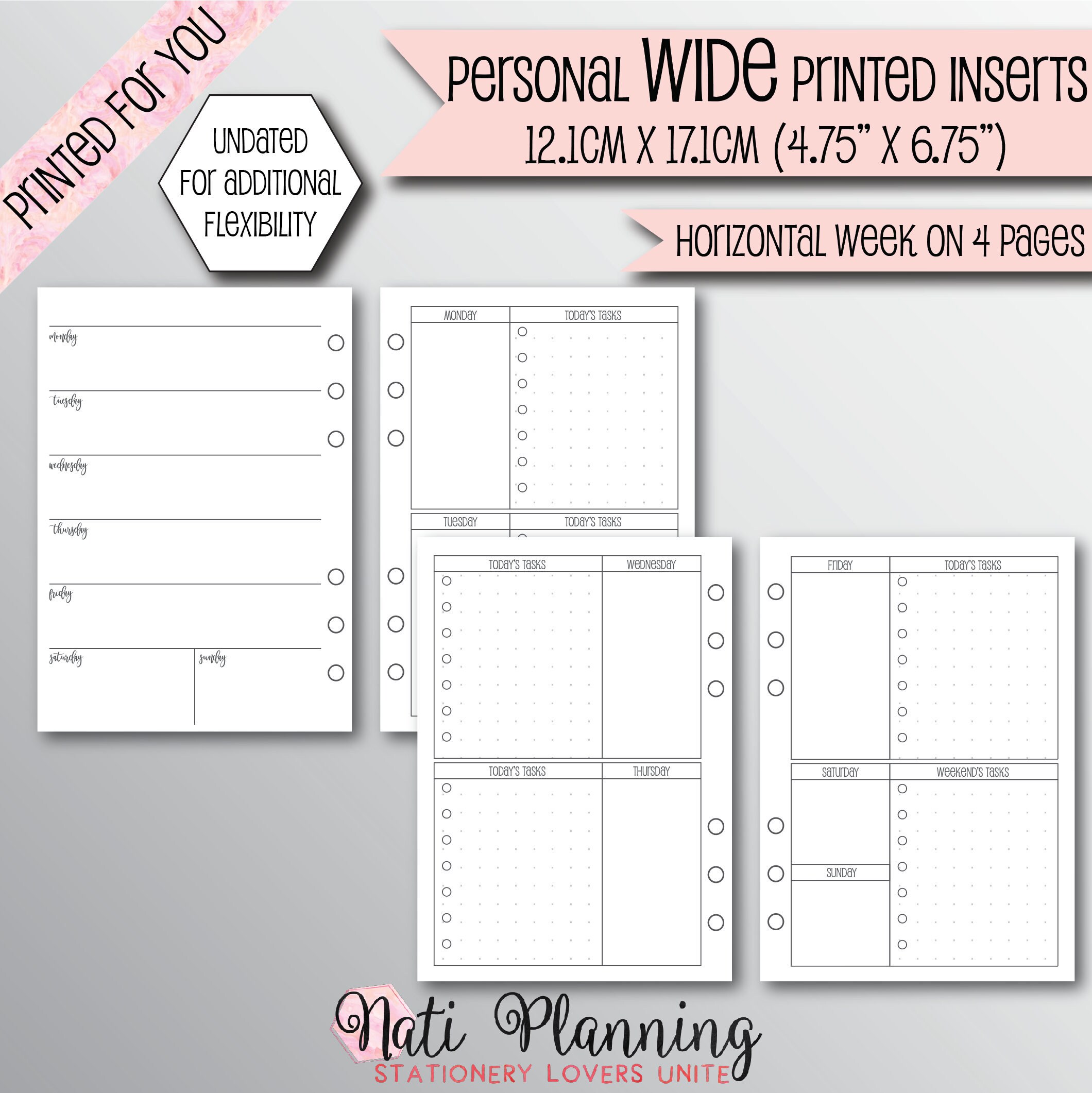 WEEKLY Printed Planner Inserts Personal WIDE Planner Inserts Etsy