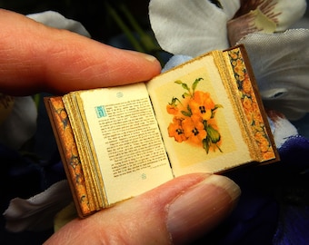 Pansies for Thoughts: a leather miniature book in 12th scale, hand bound in brown with poetry and flower illustration in colour