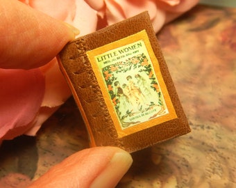 Little Women: a leather miniature book hand bound in brown with printed pages and antique illustration in black and white
