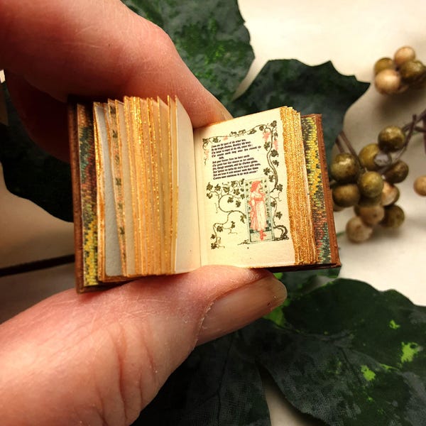 The Old Garden: miniature leather book, 12th scale, printed  pages with antique illustration
