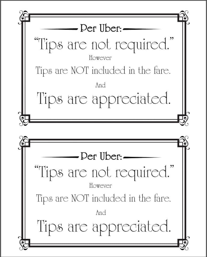 Uber Tips Not Included Thank You Sign for Print Digital Download