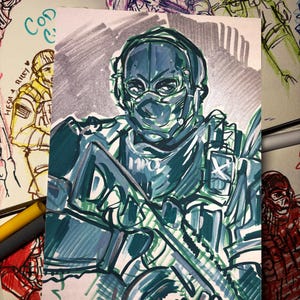 May include: A teal and grey illustration of a soldier, helmeted and masked, holding a rifle. The artwork is part of a series of sketches, with other figures and the word "COD" visible.