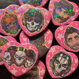 FPS military characters INSPIRED heart badges!  Holographic finish pinback badges