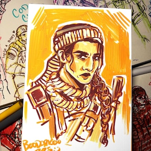 May include: An acrylic painting in shades of orange and brown depicting a person in military attire. The artwork shows a detailed portrait with a braided hairstyle and a headscarf. The painting is signed "Boodankoo 225".