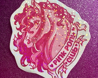 ¡Calcomanías del Club Pony Rosa! Calcomanías holográficas inspiradas en Chappell Roan, sáficas, estéticas, caballos, vaqueras, lesbianas.