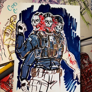 May include: Hand-drawn illustration featuring a figure with three skull faces, wearing a blue tactical vest with a British flag patch. The artwork has a dark blue background and red accents, with the text "CoD" and other names visible.