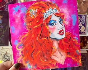 Láminas artísticas inspiradas en Chappell. Obra holográfica inspirada en Chappell Roan, sáfica, estética, caballo, vaquera, lesbiana.