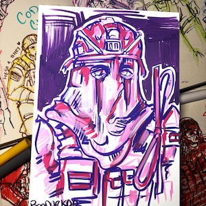 May include: A colorful illustration of a soldier in a helmet and tactical gear, rendered in shades of pink and purple. The artwork features the text "BOODARKOO 2023" and the artist's signature. Other sketches are visible in the background.