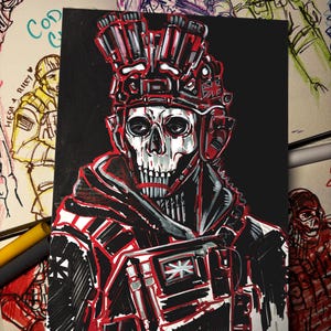 May include: A black and red illustration of a skull-faced character in tactical gear, including a helmet with the Union Jack. The artwork is on black paper, with other sketches in the background. The character is from the video game Call of Duty.