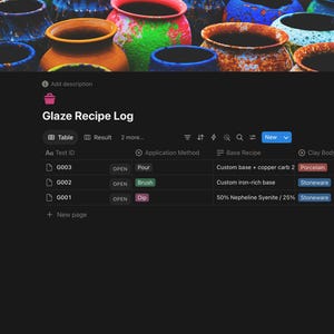 May include: A digital Glaze Recipe Log interface featuring a table with columns for Test ID, Application Method, Base Recipe, and Clay Body. The table lists entries G003, G002, and G001 with methods including Pour, Brush, and Dip for ceramic glazes.