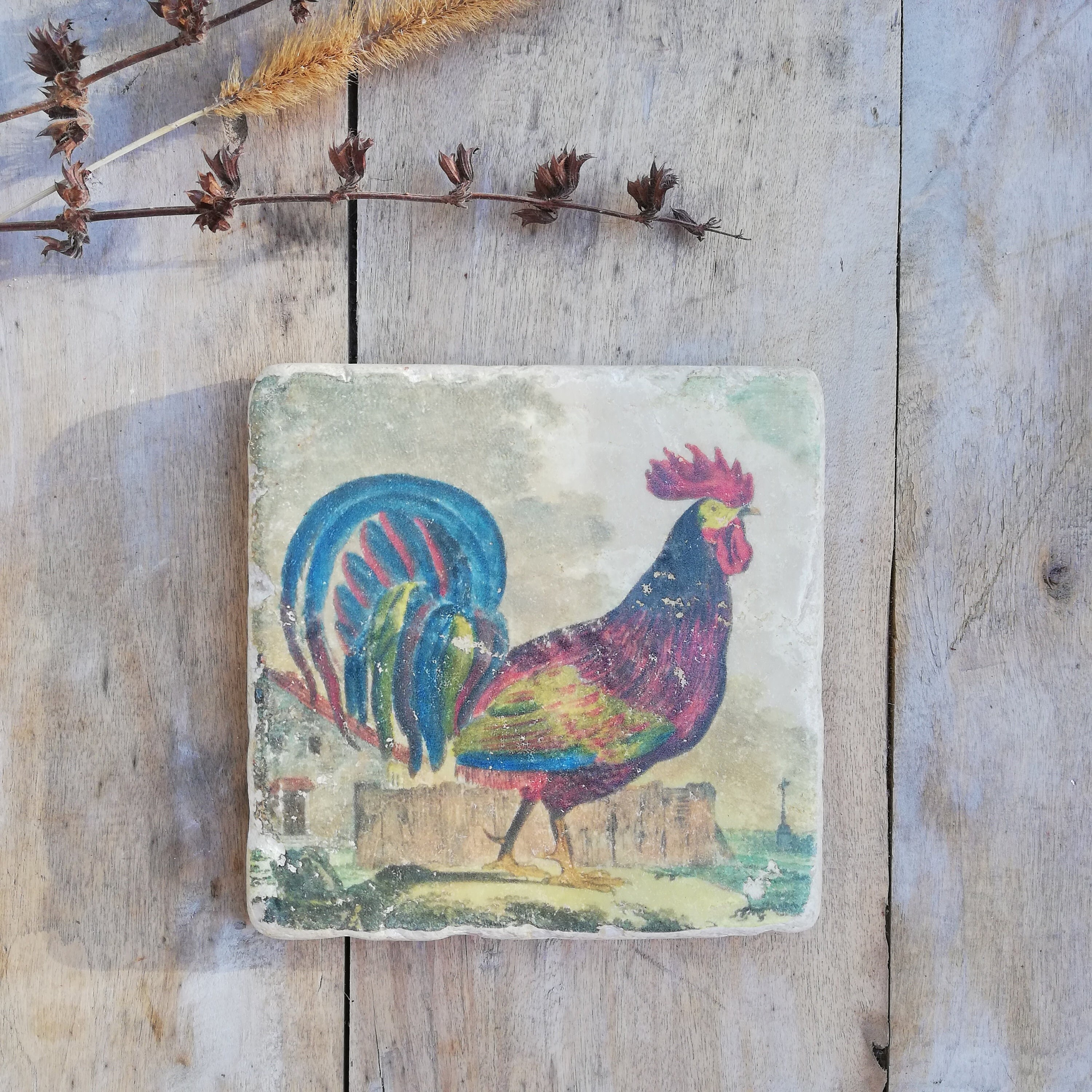 Sous-Verre en Marbre d'italie - Décor Coq