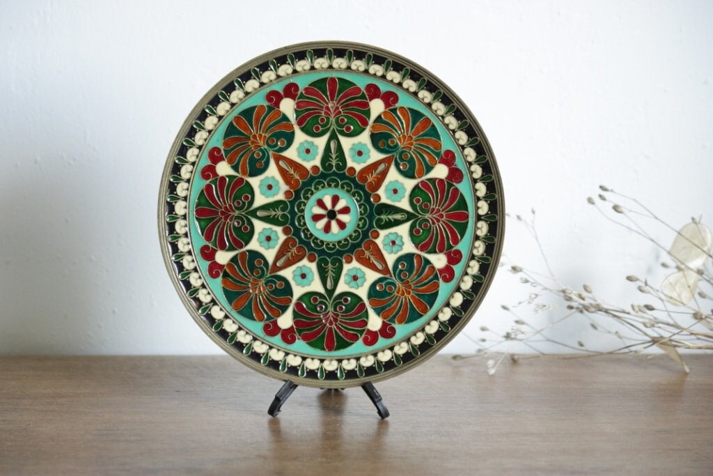 Plaque Laiton en Émail Cloisonné avec Motif Mosaïque - Plaque Décorative Murale