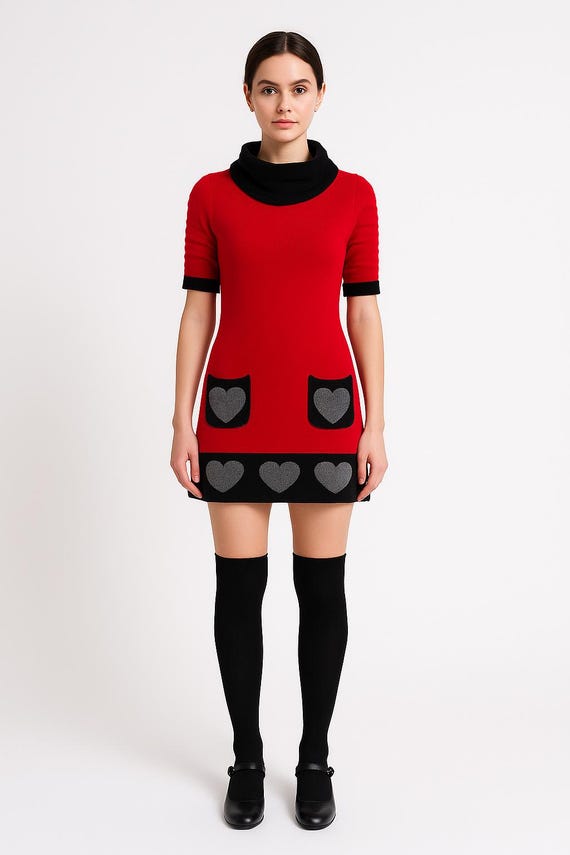 1960s Red Mod Mini Dress * Vintage Shift with Heart Pockets * Retro Sixties Fashion