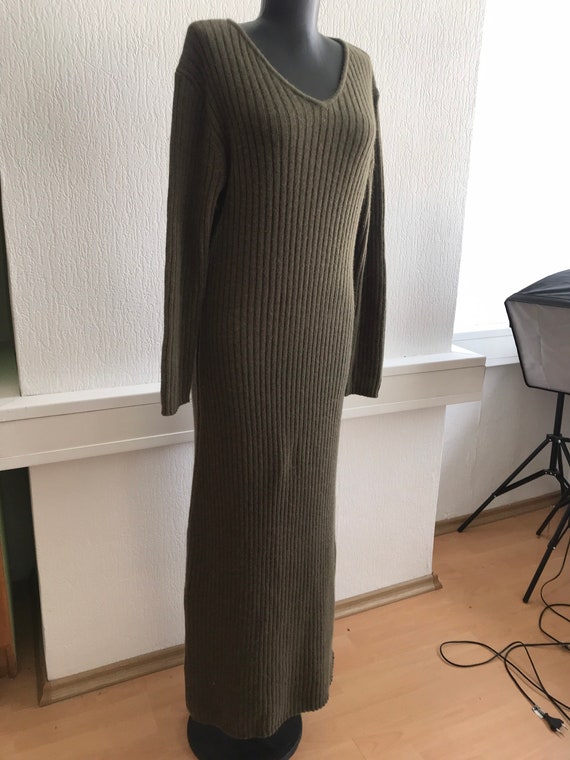 Vintage khaki maxi dress , V neck , angora , large