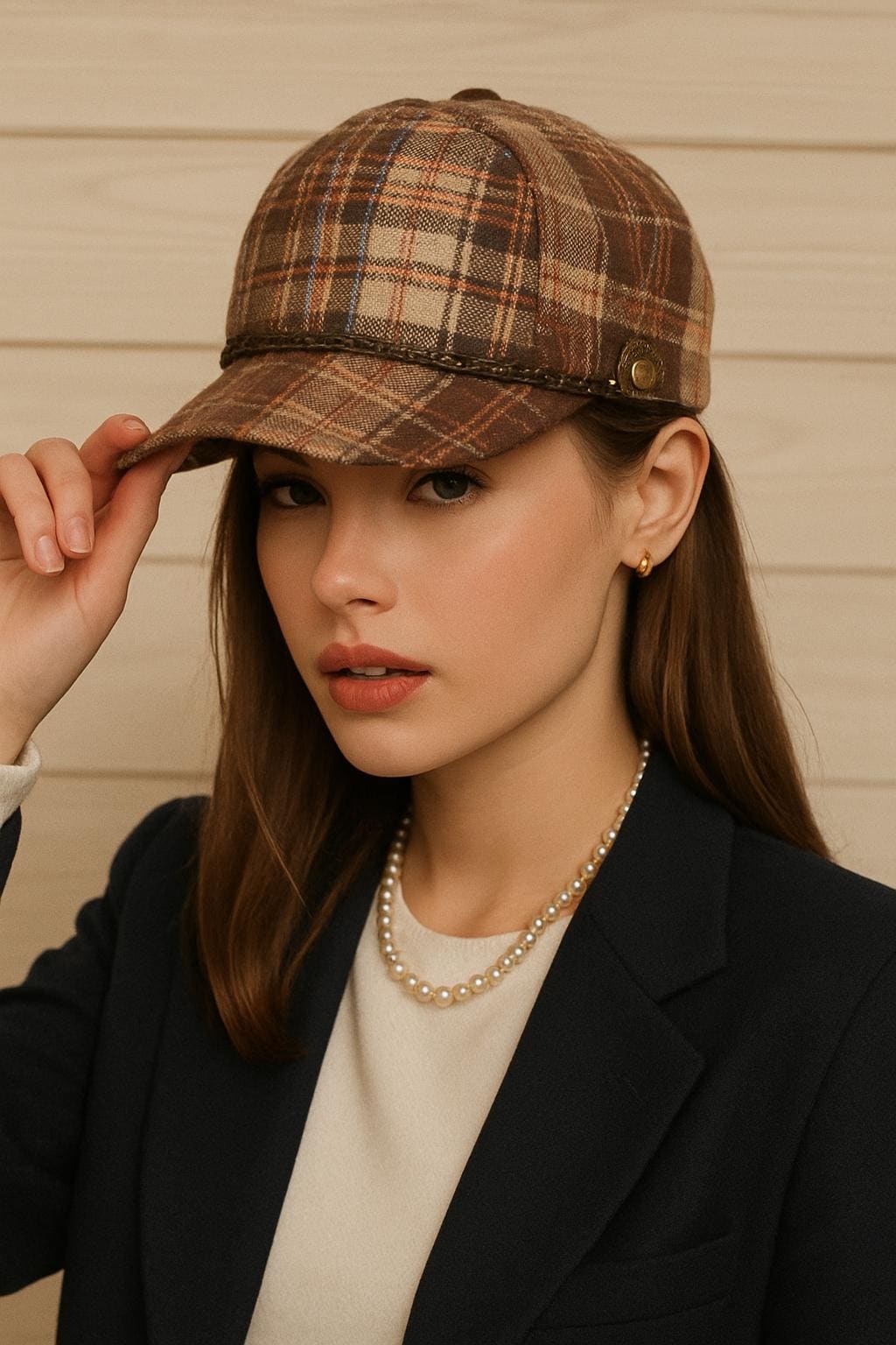 Y2K Baker Boy Plaid Cap With Chain 2000s Checkered Hat Vintage