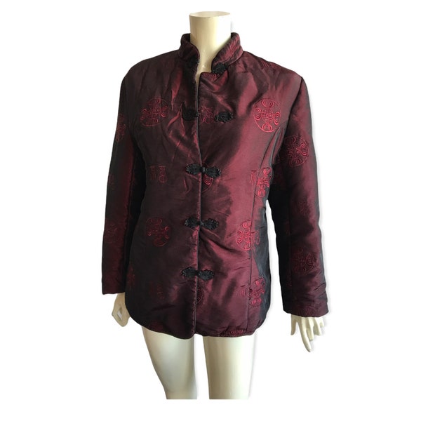 Veste en soie vintage de motifs asiatiques, blazer élégant de fermeture de grenouille de Bourgogne, cadeau pour elle, grand manteau en soie surdimensionné à col