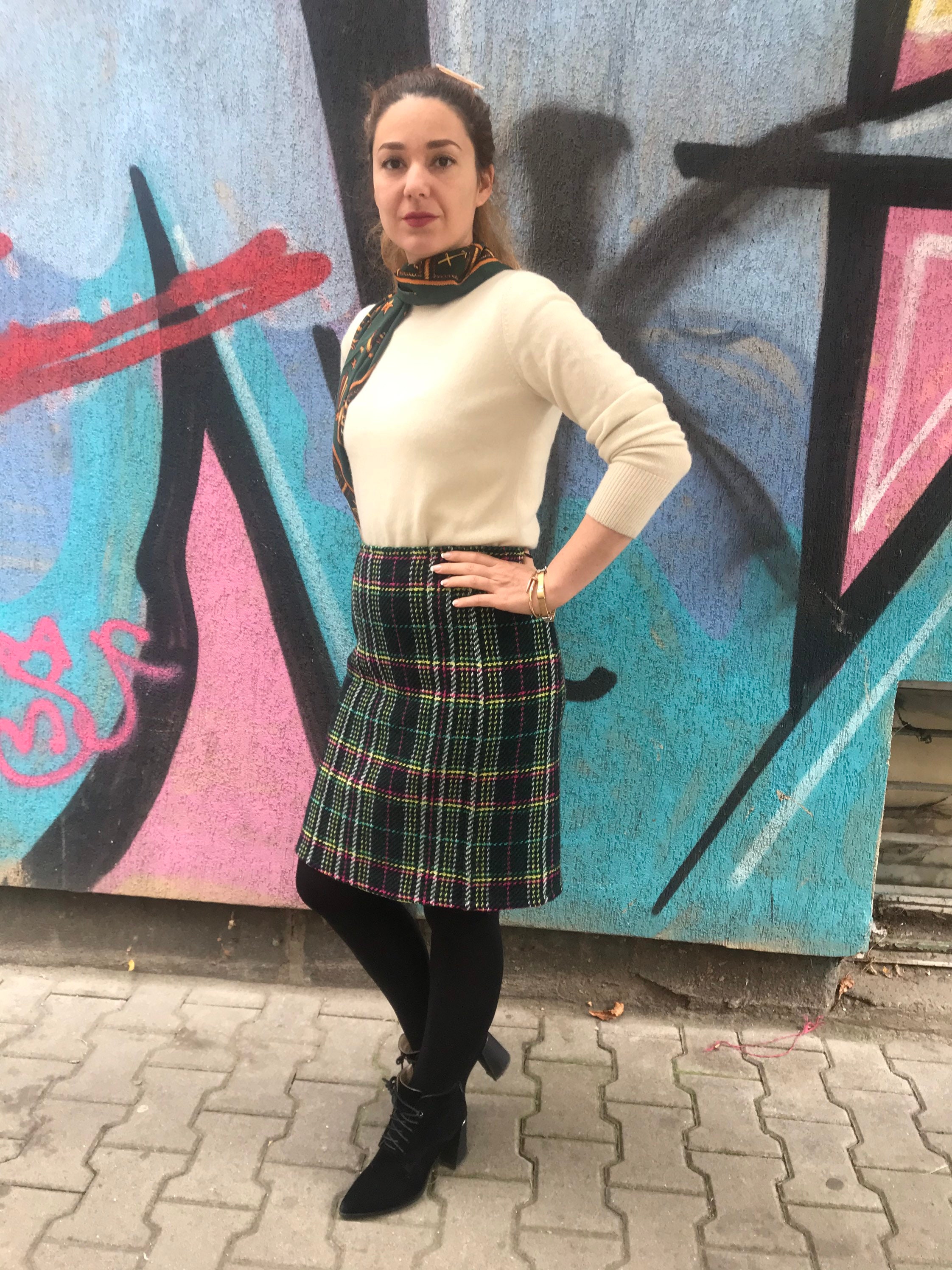 マックスマーラ ヴィンテージ スカート ウール チェック柄 グリーン  