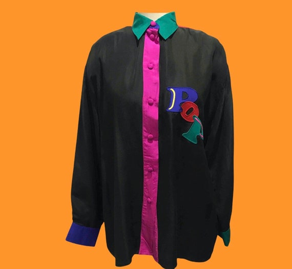 Color block silk shirt / 100 % silk shirt / 1980 s