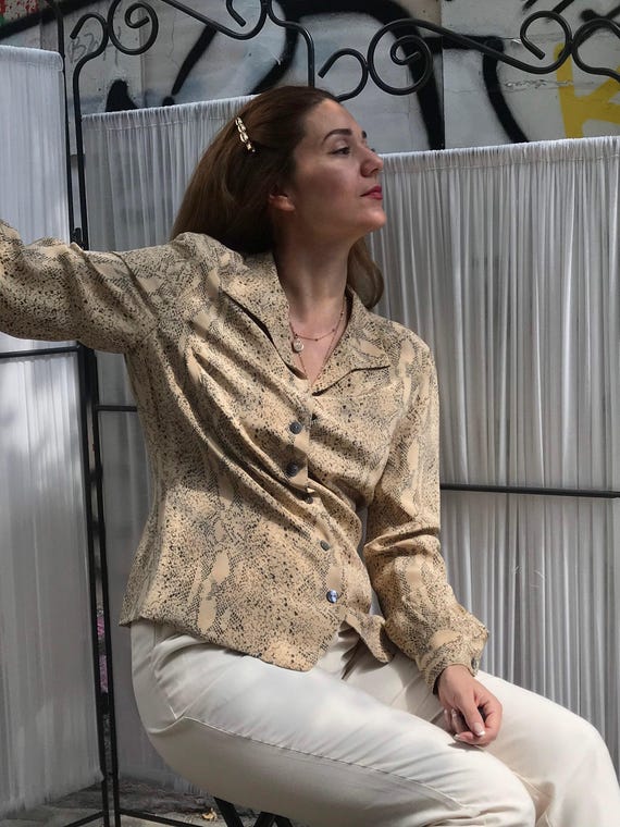 Silk Blazer Shirt: Vintage 80s Snake Print - Long Sleeve, Fully Lined