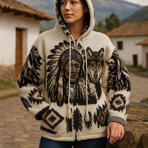 Puede incluir: Sudadera con capucha con cremallera de color crema con diseños nativos americanos y de lobos en marrón y negro. La sudadera tiene capucha, borlas y patrones geométricos en las mangas y el dobladillo inferior. La persona lleva vaqueros azules.